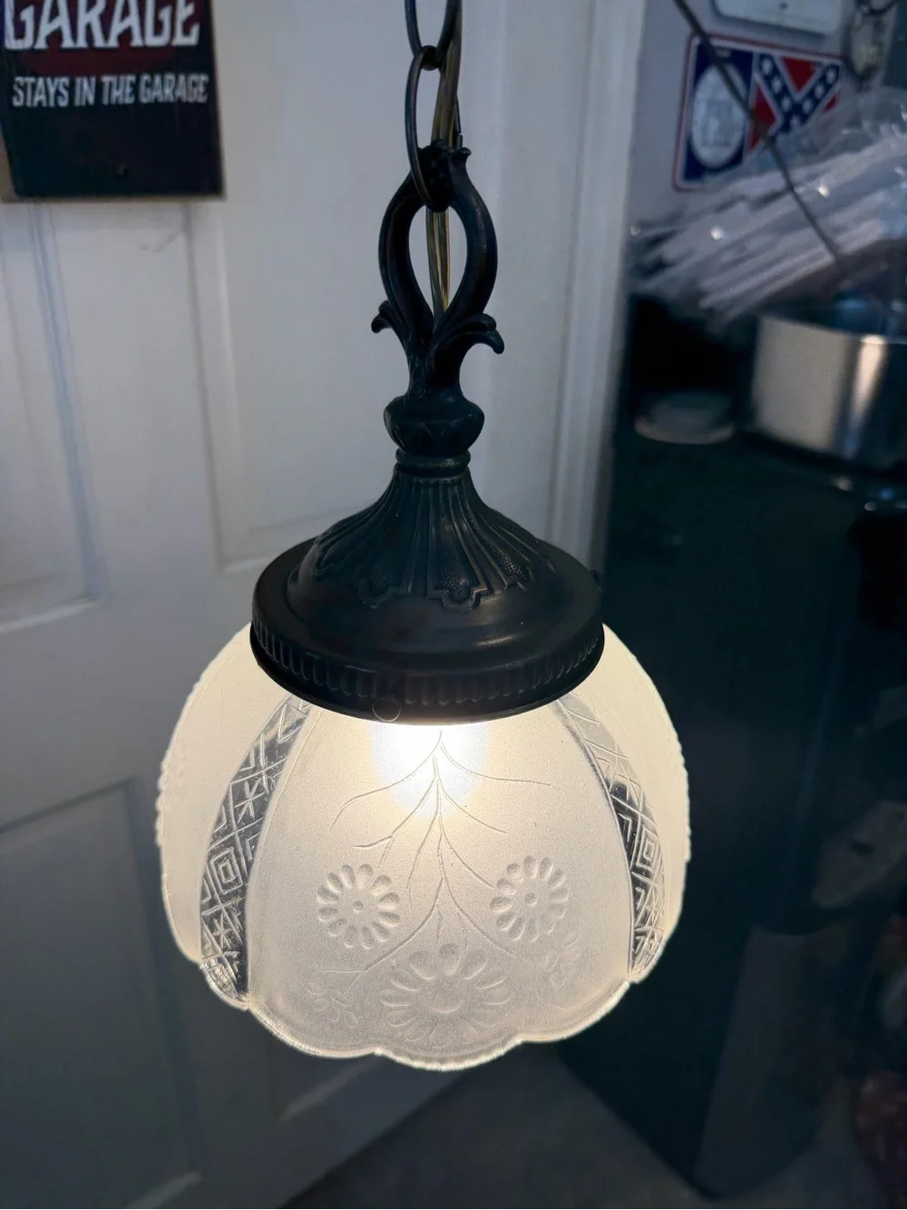 Vintage Ornate Frosted Glass Pendant Light with Antique Brass Accents